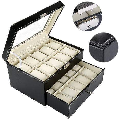 Scatola Porta Orologi con 20 Scomparti,Haloyo®,per conservare e esporre orologi,in finta pelle,28.5 x 20.5 x 15 cm,nero