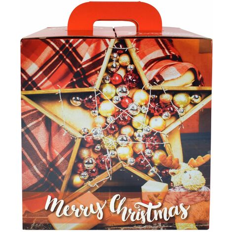 Scatola porta panettone in cartoncino rosso con decorazioni natalizie h 42 cm