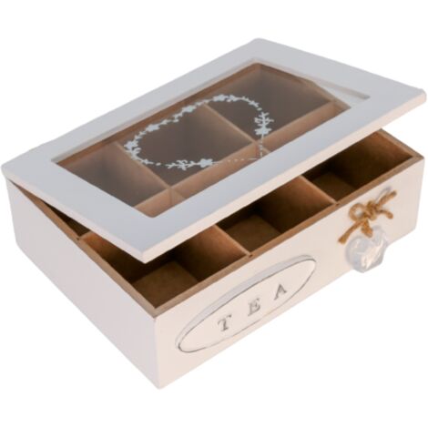 Scatola Porta Tè e Tisane in Legno Bianco Shabby Chic con Coperchio in Vetro Contenitore da Cucina 6 Scomparti
