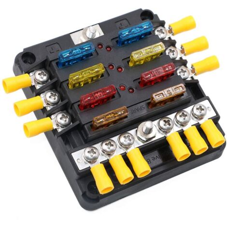 Scatola portafusibili a 6 vie con barra negativa, blocchi fusibili a lama da 12 V 24 V CC, 6 circuiti, portafusibili per auto, barca, SUV, camper, furgone