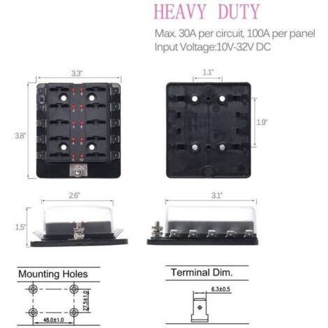 Scatola portafusibili per auto a 10 vie da 12 V con 12 portafusibili ATC/ATO (5A, 7,5A, 10A, 15A, 20A) + 10 prese portafusibili con display a LED per auto, barche, imbarcazioni e camion (10 vie)