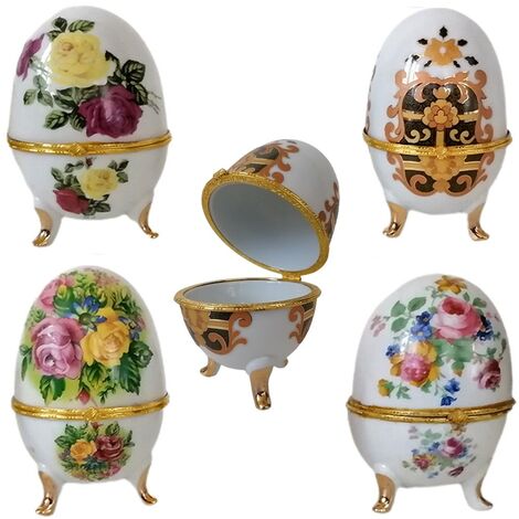 Scatola portagioie a forma di uovo bianco con fiori per arredo casa idea regalo in ceramica 15 cm
