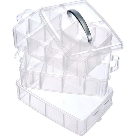 Scatola portaoggetti con maniglia per il trasporto, 18 scomparti, 15x15x12,5 cm, trasparente