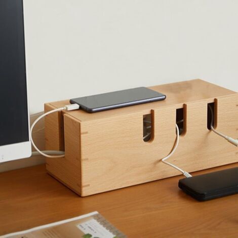Scatola portaoggetti creativa in legno massello, centro di gestione cavi per dispositivi con filo, scatola in legno per multiprese - Elegante soluzione per l'organizzazione dell'ufficio (marrone)