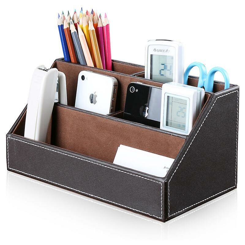 Image of Fortuneville - Scatola portaoggetti da scrivania multifunzionale in pelle pu, scatola per forniture per ufficio a 5 scomparti, penna/matite, telefono