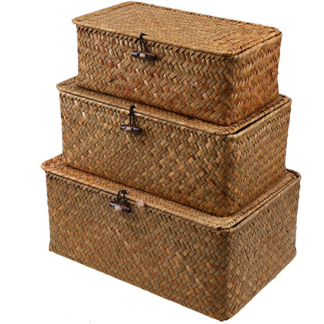 Scatola portaoggetti in rattan intrecciato con coperchio - Cestini per la biancheria in erba marina - Organizzatore per trucchi - per bagno, soggiorno, cucina (S, M, L)