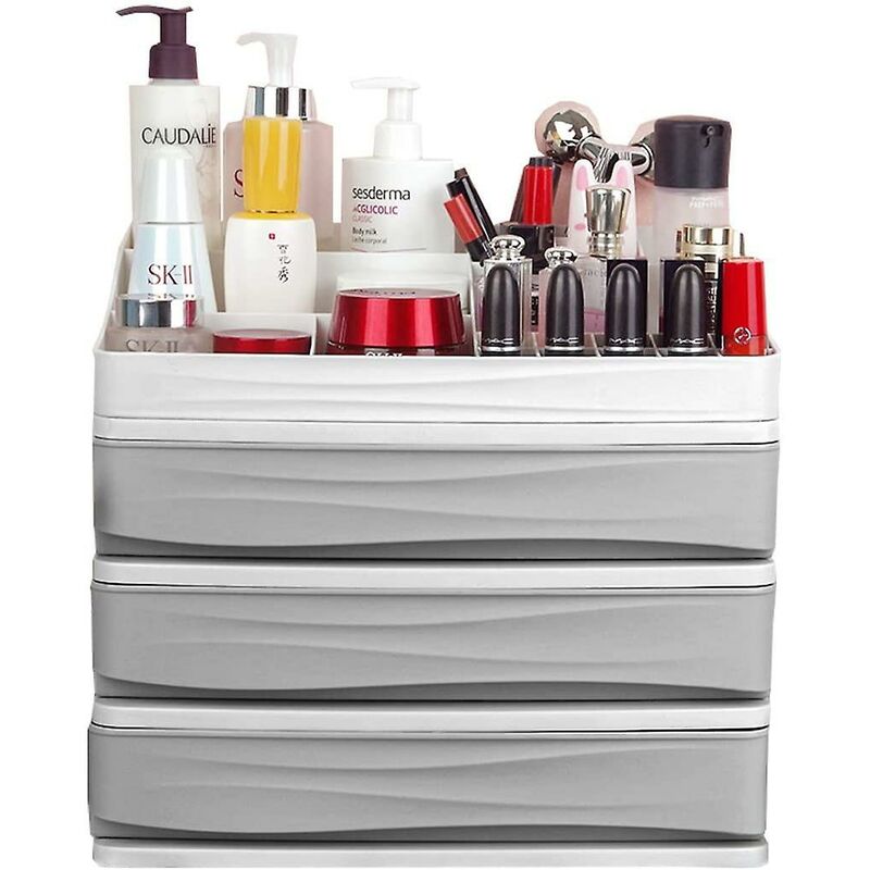 Image of Fortuneville - Scatola portaoggetti per cosmetici con cassetto, scatola portaoggetti in plastica per bagno, spazzola, porta rossetto, grigio