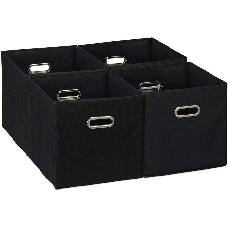 Scatola Portaoggetti, Set 4 Box a Cubo da Scaffale hlp 30 x 30 x 30 cm, Portagiochi Pieghevole in Stoffa, Nero - Relaxdays