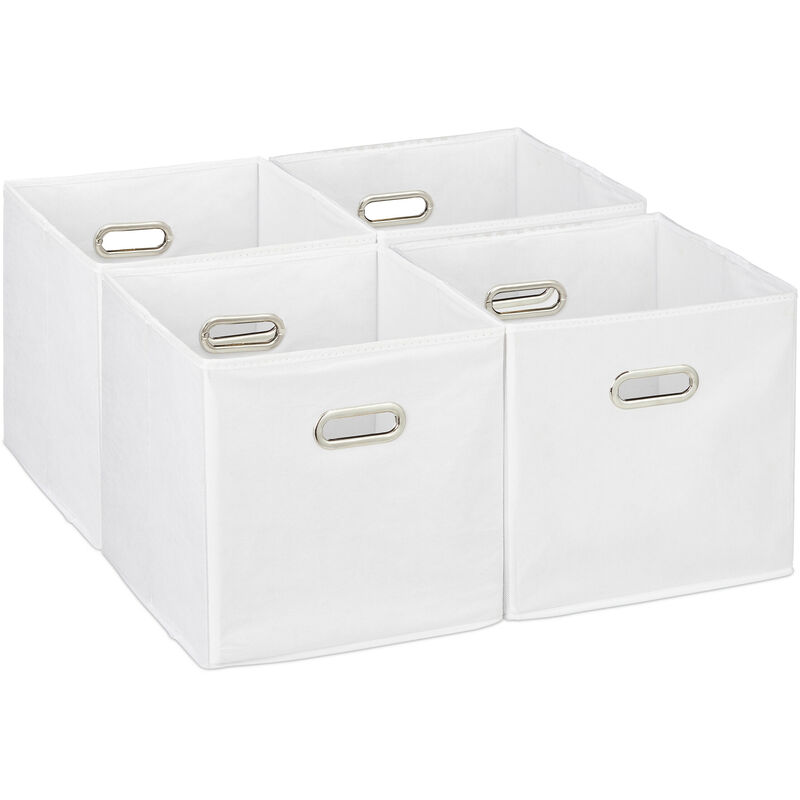 Scatola Portaoggetti, Set 4 Box Cubo da Scaffale hlp 30 x 30 x 30 cm, Portagiochi Pieghevole in Stoffa, Bianco - Relaxdays