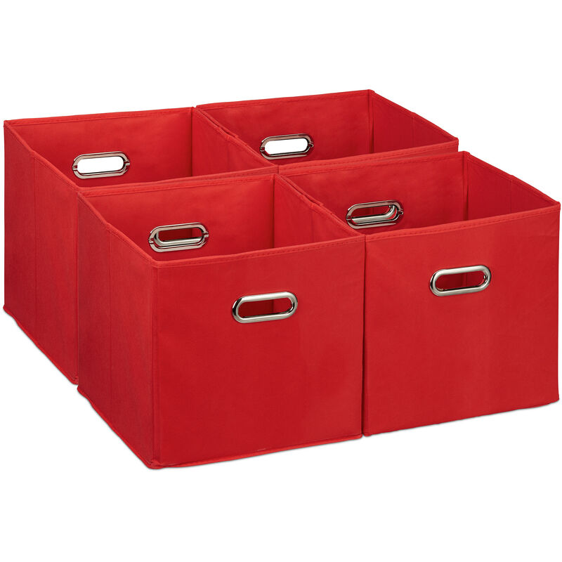 Scatola Portaoggetti, Set 4 Box Cubo da Scaffale hlp 30 x 30 x 30 cm, Portagiochi Pieghevole in Stoffa, Rosso - Relaxdays