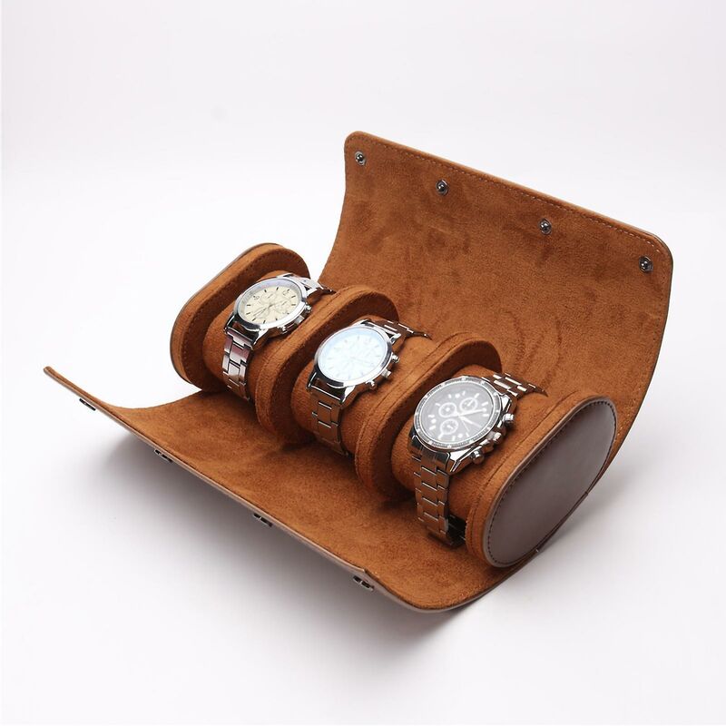 Image of Scatola portaoggetti vintage portatile in ecopelle 3 scomparti per orologi da polso custodia da viaggio per esterni marrone
