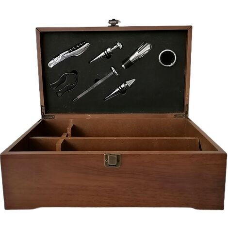 Scatola regalo legno per 2 bottiglie vino cava tappo accessori sommelier versatore termometro taglia lamina anello salvagoccie