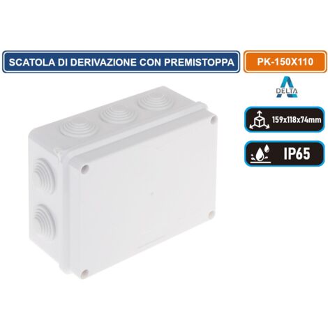 SCATOLA STAGNA DI DERIVAZIONE CON COPERCHIO CON VITI IN METALLO QUADRATA 150X118X74MM CON 10 PASSACAVI Ø 23 mm IP65