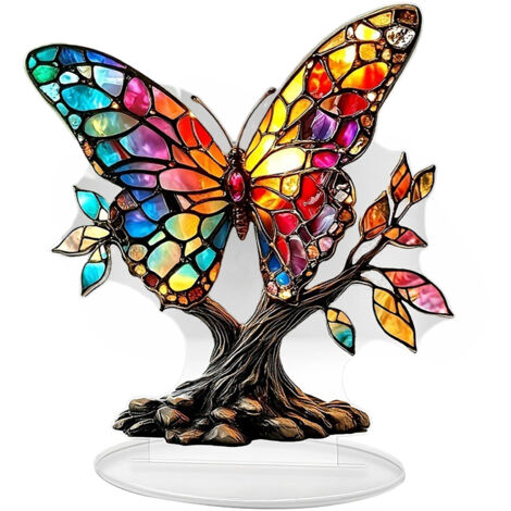 【SCB-042 18 x 18 cm】Mariposa y árbol de la suerte: escena decorativa acrílica 2D con base para el hogar y la oficina