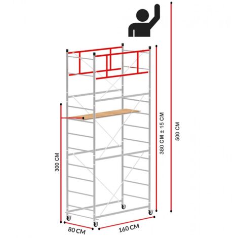 Scedil – Échafaudage 5m – Acier galvanisé électrolytique – Hauteur de travail 500cm – Largeur 80cm – Longueur 160cm – Charge maximale 70kg