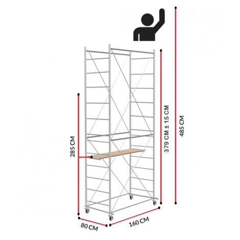 Scedil – Échafaudage Fast – Hauteur de travail 4,85m – Longueur 160cm – Largeur 80cm – Acier galvanisé électrolytique – Charge maximale 65kg