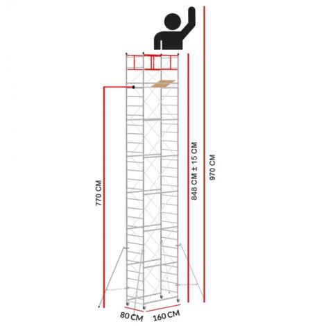Scedil – Échafaudage M4 LUX – Hauteur de travail 9,70 m – Structure en acier galvanisé – Charge maximale 180 kg – Dimensions 160 x 80 cm