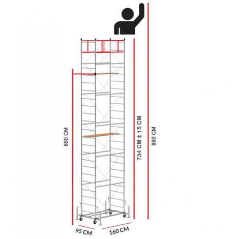 Scedil – Échafaudage mobile en acier galvanisé – Hauteur de travail 8,50 m – Longueur 1,60 m – Largeur 0,95 m – Charge maximale 150 kg