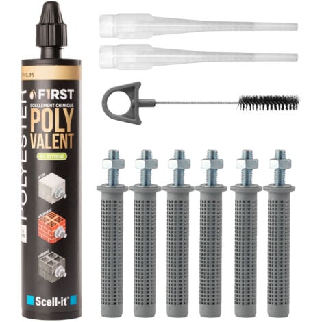 SCELL-IT SCELL IT Kit Scellement Chimique FIRST300 300ml Ton béton avec 6 Tamis et Tige Acier M8 et Brosse
