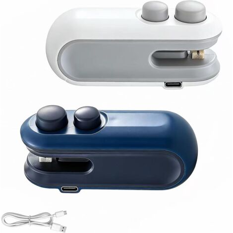 Scelleuse À Sachets - 2 Pièces - Fonction Double Scellage Et Découpe - Rechargeable - Portable - Pour Sachets Alimentaires En Plastique - Blanc Et Bleu