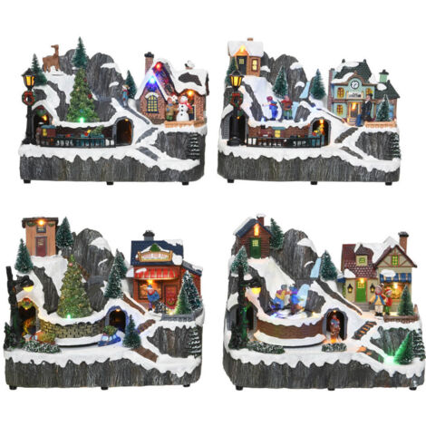 Scena animata a Led Paesaggio di montagna con Bambino e Pupazzo di Neve, decorazione da 23 cm