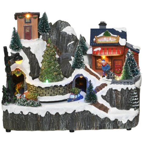 Scena animata a Led Paesaggio di montagna con Negozio Alberi, decorazione da 23 cm