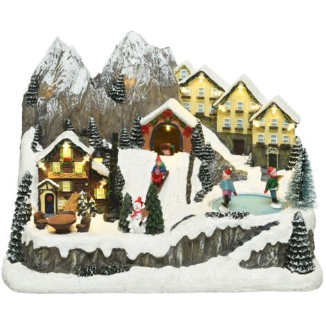Scena animata a Led Villaggio sulla montagna con pista di pattinaggio, decorazione da 32.5 cm
