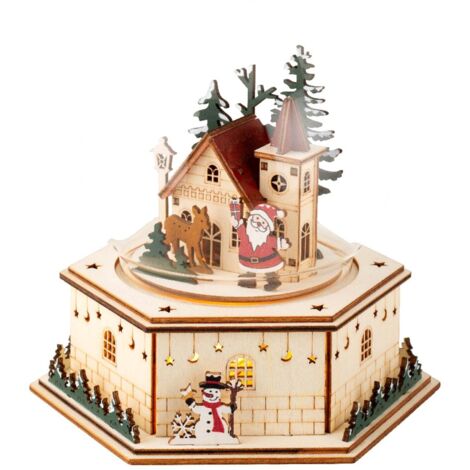 Scenario natalizio con Babbo natale e casetta in compensato con Led, da 17.5 cm