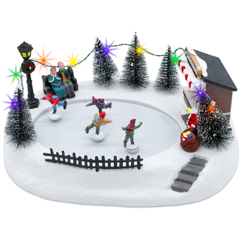 Scène de Noël led avec patinoire et figurines mobiles - 29 x 21 cm - Décoration ville d'hiver éclairée avec musique