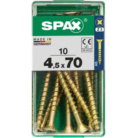 Schachtel mit 10 Stück Holzschrauben mit Flachkopf in Yellox 4,5x70mm Spax