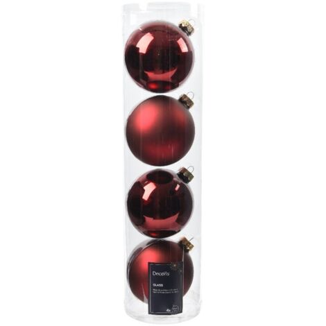 Schachtel mit vier Weihnachtskugeln Dunkelrot sortiert Matt Glänzend 10 cm