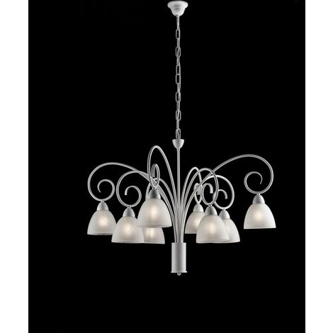 Schäbiger weißer Eisen-Kronleuchter, Alabasterweiße Glaslampenschirme acht Lichter 81x h58 cm