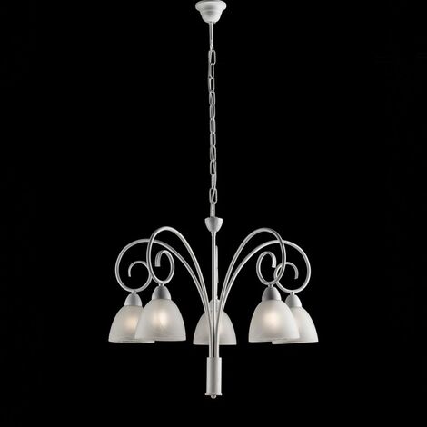 Schäbiger weißer Eisenkronleuchter mit weißen Alabasterglasschirmen fünf Lichter 57x h50 cm