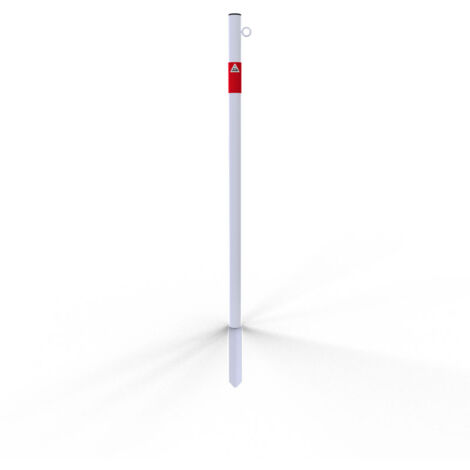 Schake Absperrpfosten aus Stahlrohr verzinkt Ø42x2,5mm weiß mit rot reflektierenden Leuchtstreifen und Kunststoffkappe 900mm Überflur zum Einschlagen mit 1 Öse