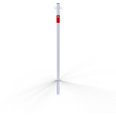 Schake Absperrpfosten aus Stahlrohr verzinkt Ø42x2,5mm weiß mit rot reflektierenden Leuchtstreifen und Kunststoffkappe 900mm Überflur zum Einschlagen mit 2 Ösen
