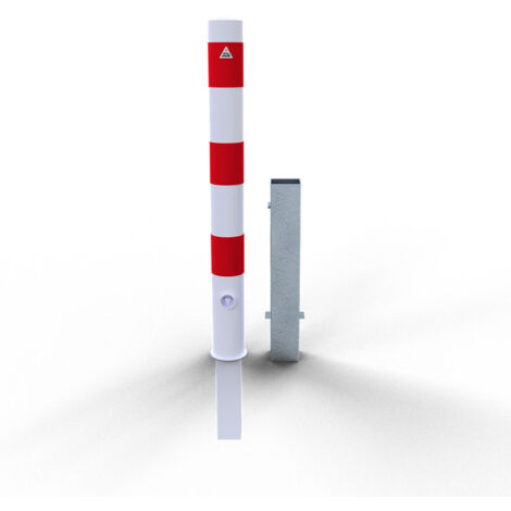 Schake Absperrpfosten herausnehmbar aus Stahlrohr verzinkt Ø89x2,9mm weiß mit rot reflektierenden Leuchtstreifen, Dreikantverschluss und Stahlkappe 900mm Überflur
