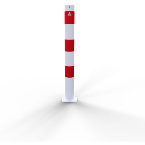 Schake Absperrpfosten ortsfest zum Einbetonieren mit Erdanker aus Stahlrohr verzinkt Ø89x2,5mm weiß mit rot reflektierenden Leuchtstreifen und Stahlkappe 900mm Überflur