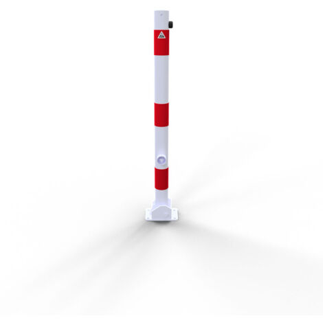 Schake Absperrpfosten umlegbar aus Stahlrohr verzinkt Ø60x2,5mm weiß mit rot reflektierenden Leuchtstreifen, Dreikantverschluss, Dübelbefestigung und Stahlkappe 900mm Überflur