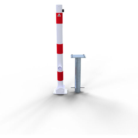 Schake Absperrpfosten umlegbar zum Einbetonieren aus Stahlrohr verzinkt Ø60x2,5mm weiß mit rot reflektierenden Leuchtstreifen, Dreikantverschluss und Stahlkappe 900mm Überflur