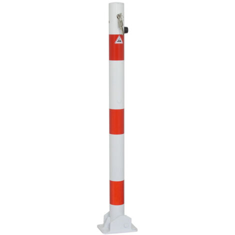 Schake Absperrpfosten umlegbar zum Einbetonieren aus Stahlrohr verzinkt Ø60x2,5mm weiß mit rot reflektierenden Leuchtstreifen, Profilzylinderschloss und Stahlkappe 900mm Überflur