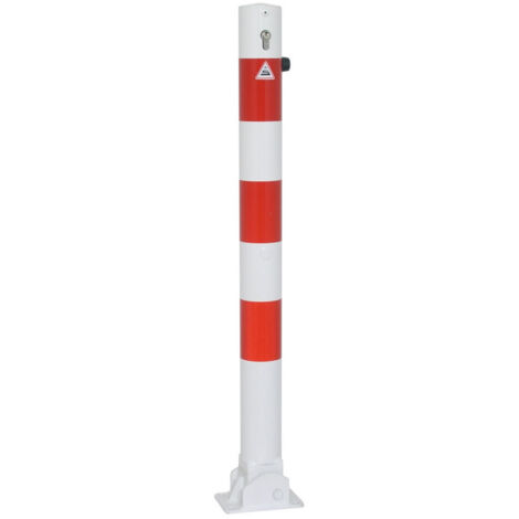 Schake Absperrpfosten umlegbar zum Einbetonieren aus Stahlrohr verzinkt Ø76x2,5mm weiß mit rot reflektierenden Leuchtstreifen, Profilzylinderschloss und Stahlkappe 900mm Überflur