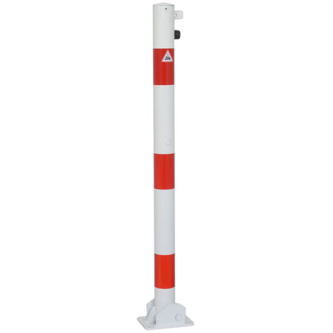 Schake Absperrpfosten umlegbar zum Einbetonieren für Vorhängeschloss aus Stahlrohr verzinkt Ø60x2,5mm weiß mit rot reflektierenden Leuchtstreifen und Stahlkappe 900mm Überflur