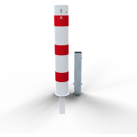 Schake Stahlrohrpoller herausnehmbar mit Profilzylinderschloss aus Stahlrohr verzinkt Ø152x3,2mm weiß beschichtet mit rot reflektierenden Leuchtstreifen 1500mm Gesamtlänge