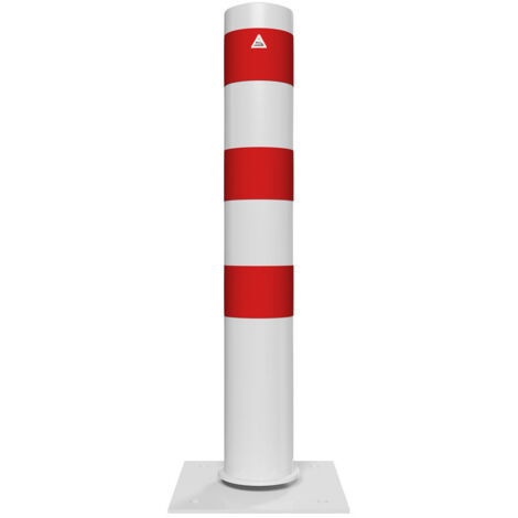 Schake Stahlrohrpoller neigbar mit Dübelplatte aus Stahlrohr verzinkt Ø152x3,2mm weiß beschichtet und rot reflektierenden Leuchtstreifen 1000mm Gesamtlänge