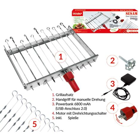 OLYMP HANDELS GMBH Schaschlik Spießdreher Edelstahl Sesam für 11 Spieße Motor Powerbank USB Spieße