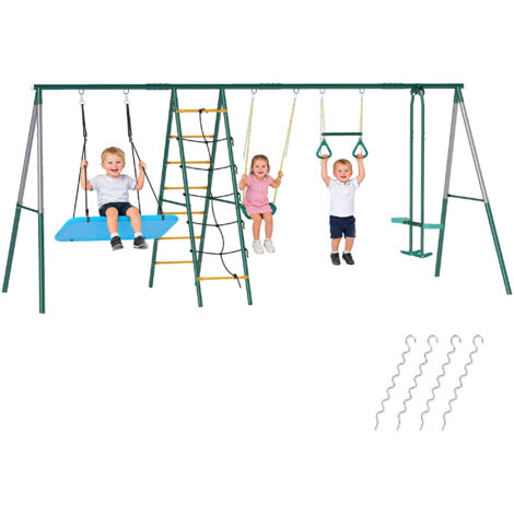 Schaukelgestell 5-en-1 avec balançoire nid ajustable, anneaux de gymnastique et double siège pour enfants de 3 à 8 ans