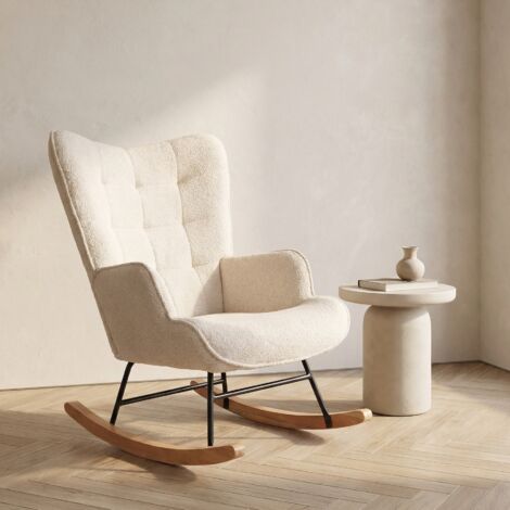 Schaukelstuhl aus Bouclé-Stoff in Beige, skandinavisches Design für Wohnzimmer oder Schlafzimmer