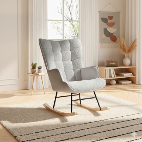 Schaukelstuhl in elegantem Design – Bequeme Rückenlehne aus Plüsch, Gestell aus Metall und Massivholz – 91 x 89 x 69 cm – Grau