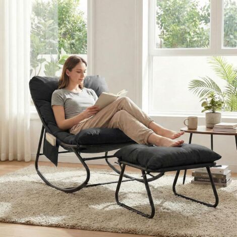 Schaukelstuhl mit Hocker, Patio Schaukelliege, Schaukelsessel mit Gepolsterter, bis 150 kg Belastbar, Waterproof Cushion, für Garten Balkon Wohnzimmer Hof Schlafzimmer Terrasse, Schwarz