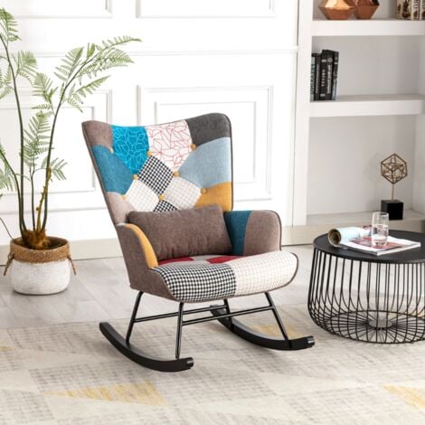 HOMEMIYN Schaukelstuhl Patchwork Sessel mit Metallgestell und Holzsockel Schwingsessel Relaxstuhl Retro Sessel Wohnzimmer Polstersessel Skandinavischer Schaukelsessel für Schlafzimmer Kinderzimmer Braun